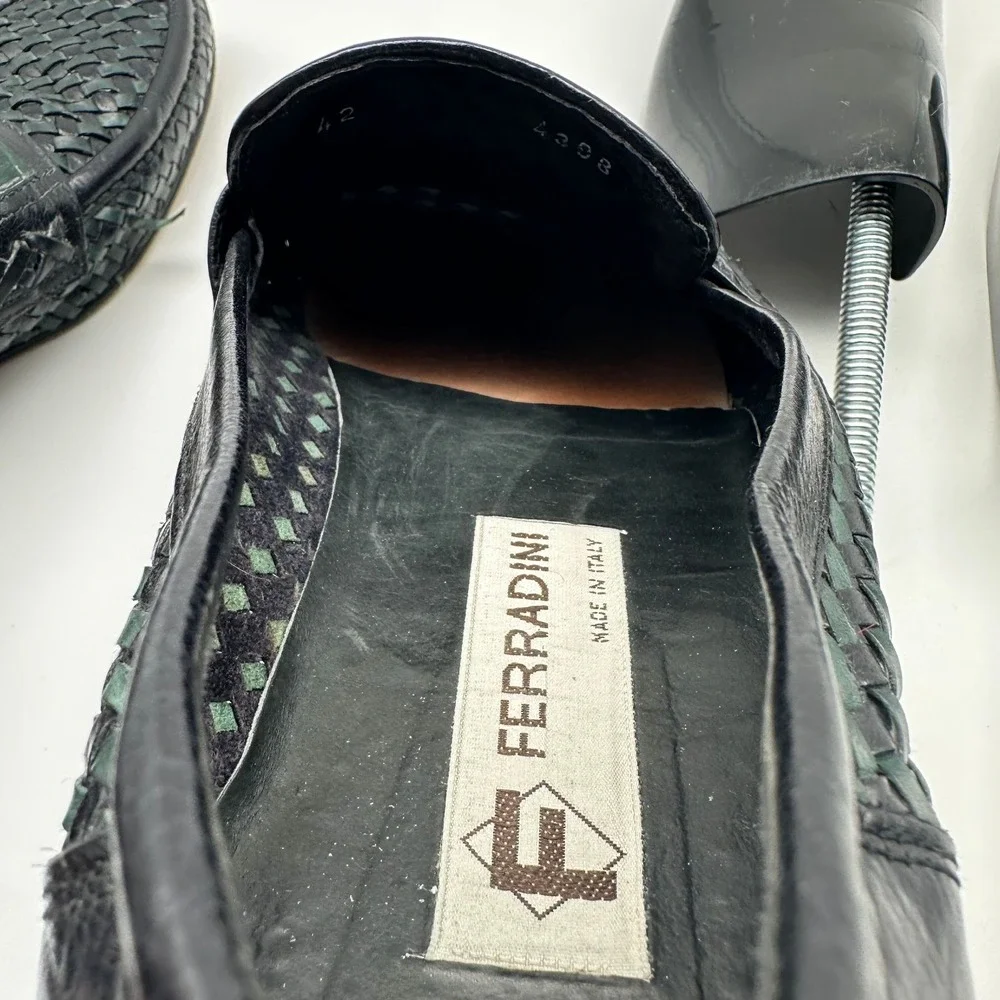 DANIELE FERRADINI Italian Soft Leather Loafers - Black Green Weave - Mens Size 9